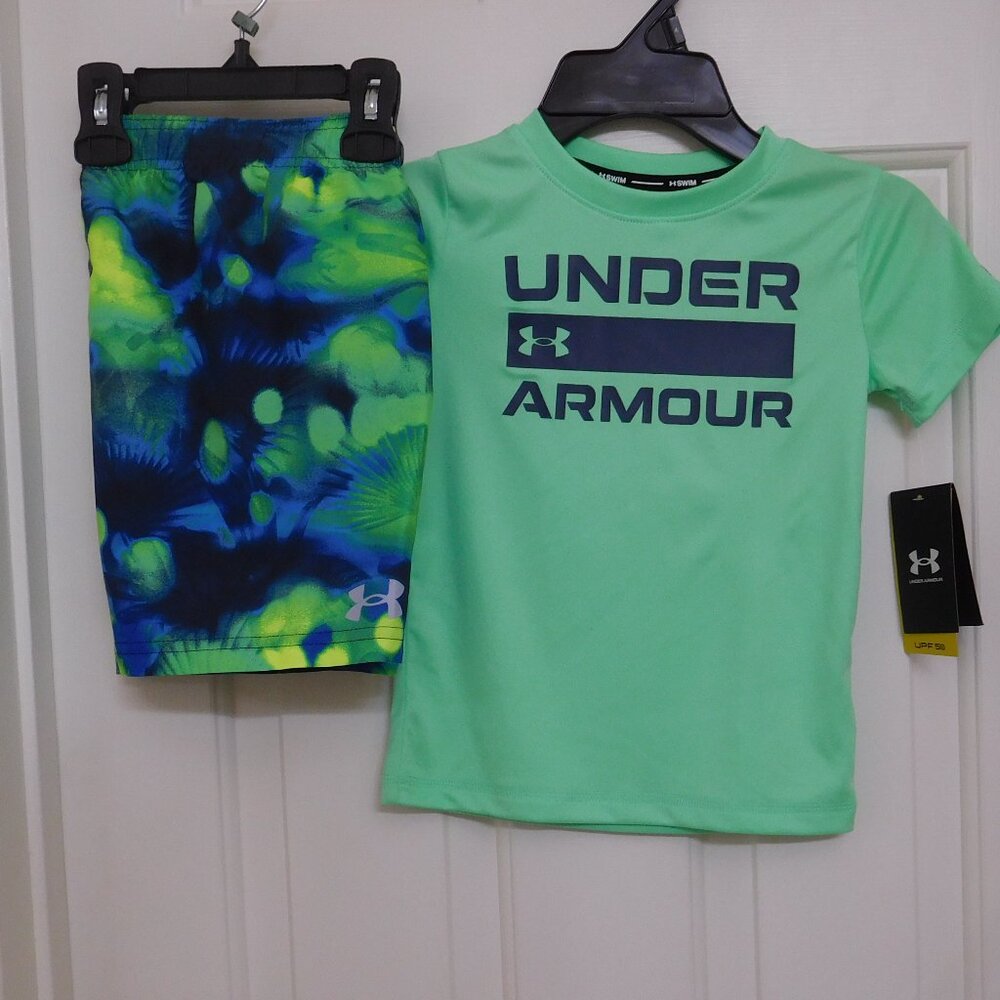 NWT 2pc Under Armour Green Blue Swim Shirt & Shorts Set sz 4